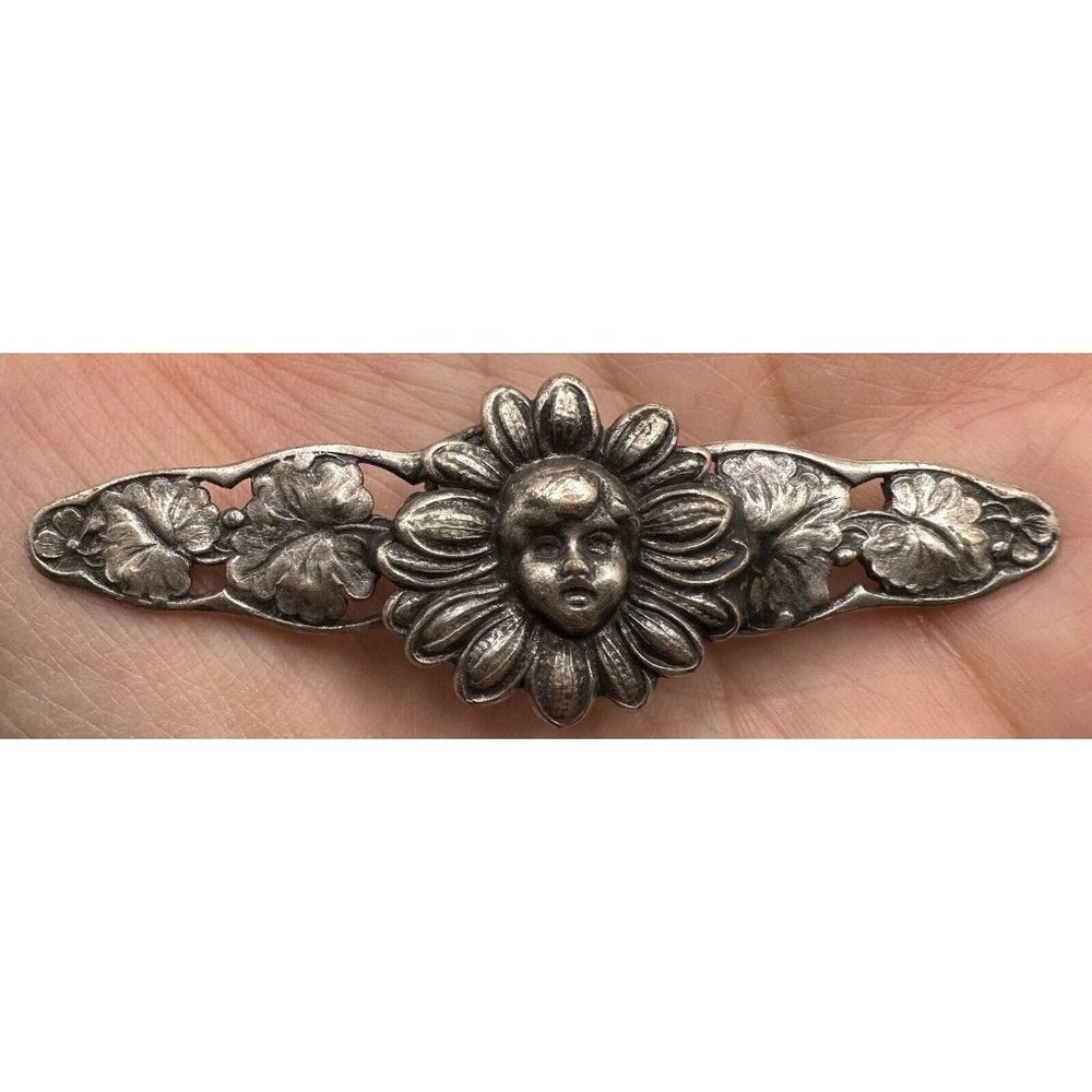 Antiqued Silver Tone Cherub Flower Leaves Pin Brooch‎